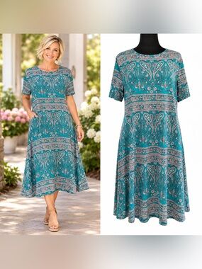 Locryz Green Paisley Dress with Pockets Women’s Size Large Boho Resort Chic